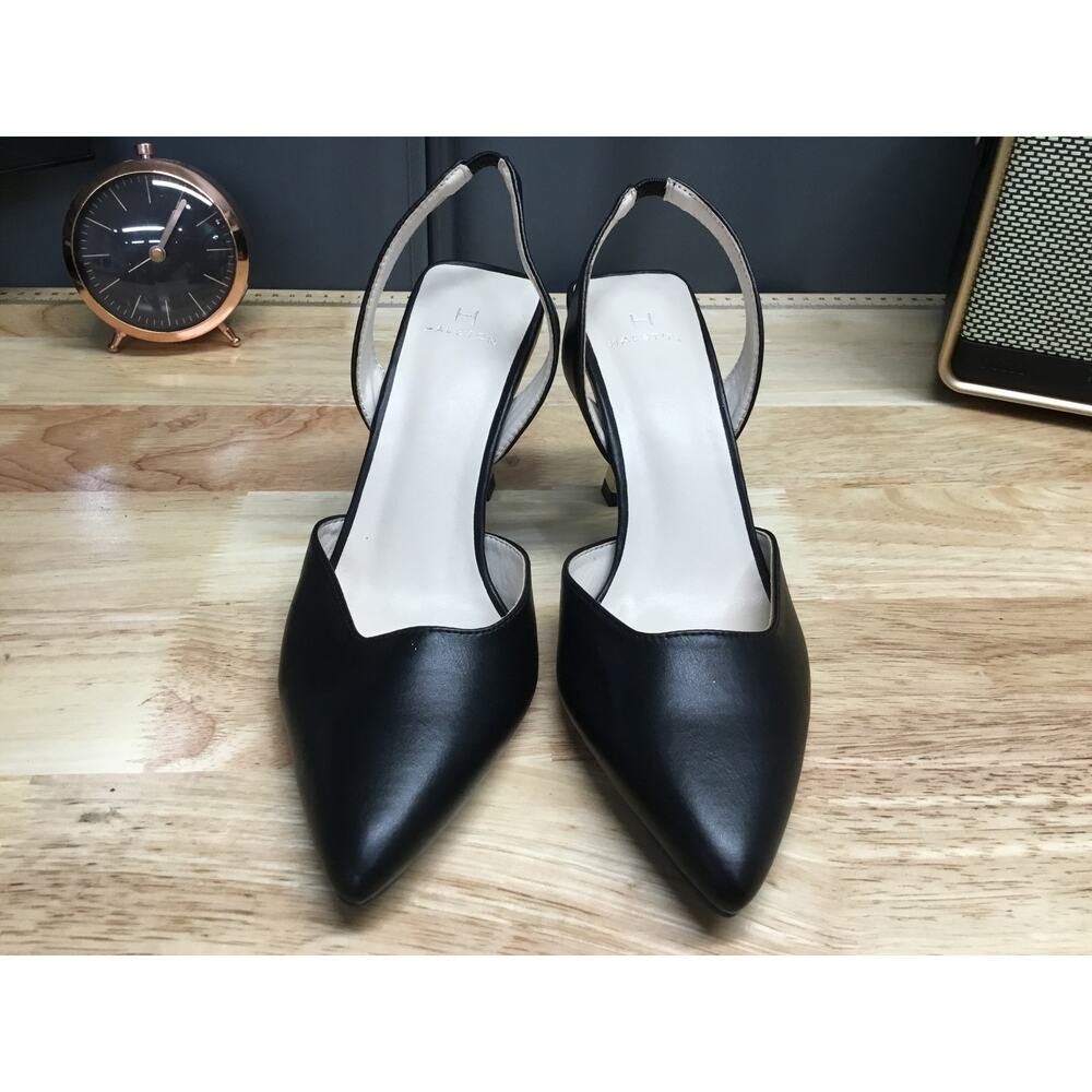 H Halston Gala Women's 6.5 Black Vegan Leather Pointed Toe Slingback Spool Heels